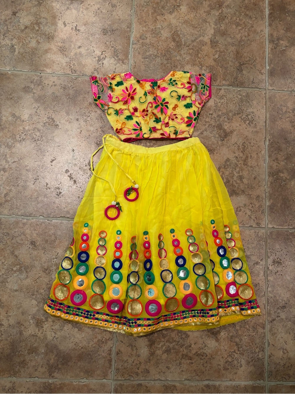Bright Yellow Floral Embroidered Girls' Lehenga Set